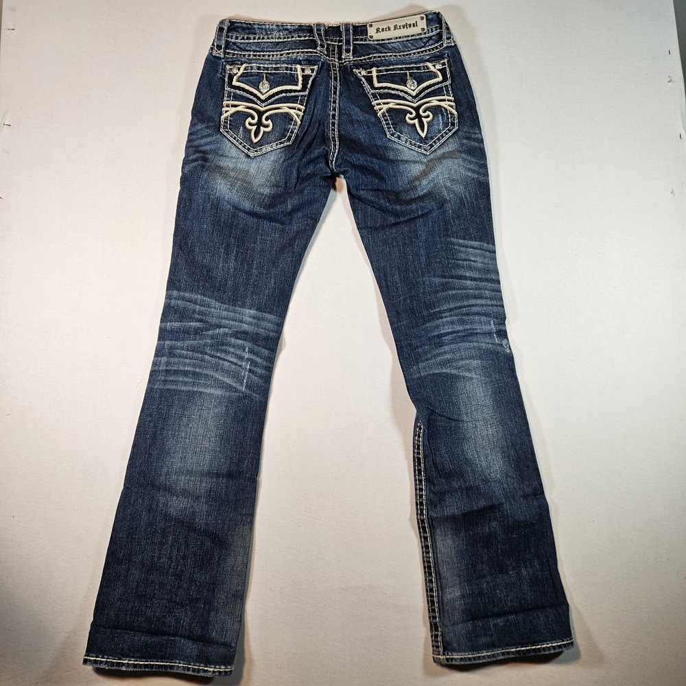 Rock Revival Jeans Kelly Boot 28 Thick Stitch Whiskering Embroidered Pockets - Picture 3 of 8